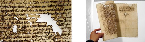 Detall d'una llacuna i imatge del document després de la restauració Detall d'una llacuna i imatge del document després de la restauració