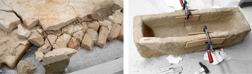 Detalls de la restauració d'un paviment en espiga i la tomba d'un infant