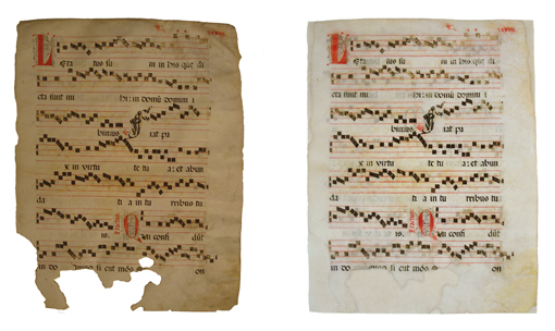 Abans i després de la restauració d'una partitura sobre pergamí