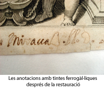 Detall d'una anotació realitzada amb tinta ferrogàl·lica després de la restauració