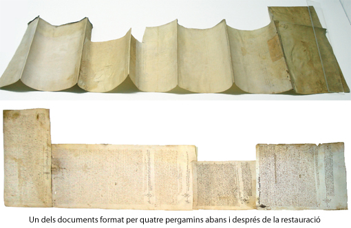 Un dels documents, format per quatre pergamins, abans i després de la restauració