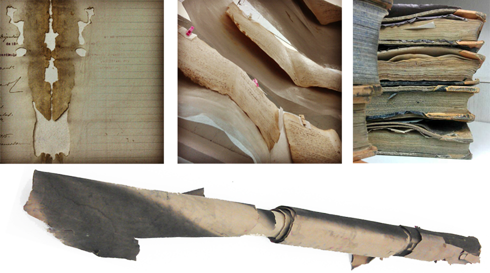 1.- Documents afectats per una plaga d’insectes bibliòfags, 2.- Documents assecant-se després d’una inundació 3.- Llibres de registre amb l’enquadernació totalment deteriorada per l’efecte de l’aigua 4.- Cartell d’una col·lecció particular cremat en un incendi. 1.- Documents afectats per una plaga d'insectes bibliòfags, 2.- Documents assecant-se després d'una inundació 3.- Llibres de registre amb l'enquadernació totalment deteriorada per l'efecte de l'aigua 4.- Cartell d'una col·lecció particular cremat en un incendi.