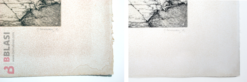 Aquelarre. Detall d'abans i després de la restauració del gravat a la puntaseca de José Hernández