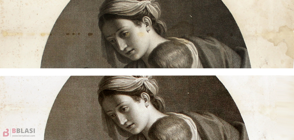Abans i després de la restauració de "La Madonna del passero" de Guercino, on s'aprecia la desaparició de les taques