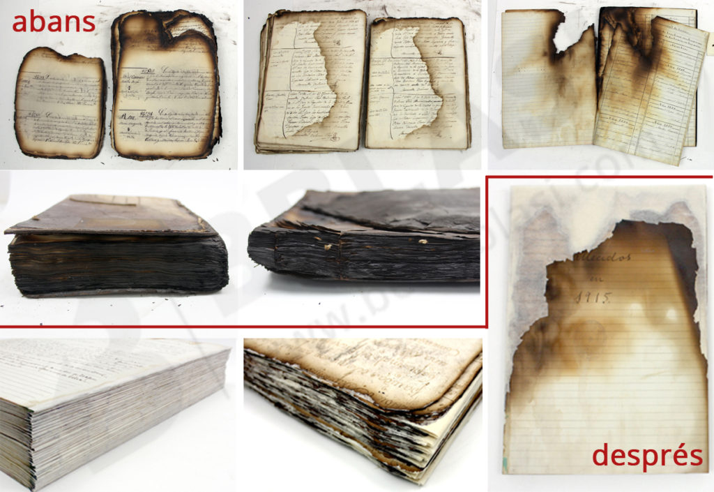Alguns dels llibres cremats abans de la restauració i alguns exemples després de la restauració