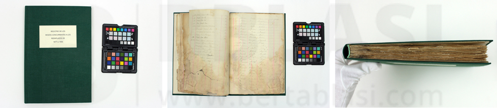 Llibre d'allistament de l'Arxiu Històric de Badalona després del procés de restauració, amb les pàgines consolidades, cosides i amb una enquadernació nova.
