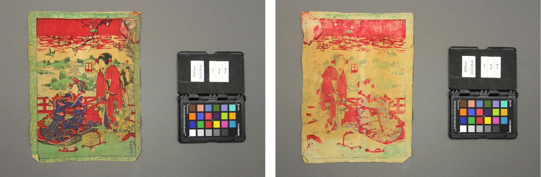 Estampa chirimen-e abans de la intervenció, per anvers i revers.