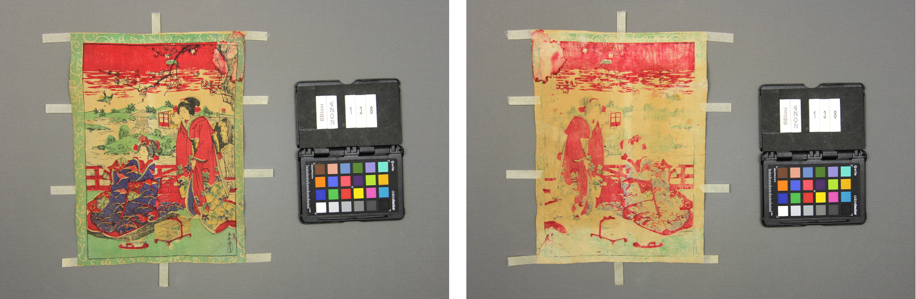 Estampa chirimen-e després de la intervenció, per anvers i revers.