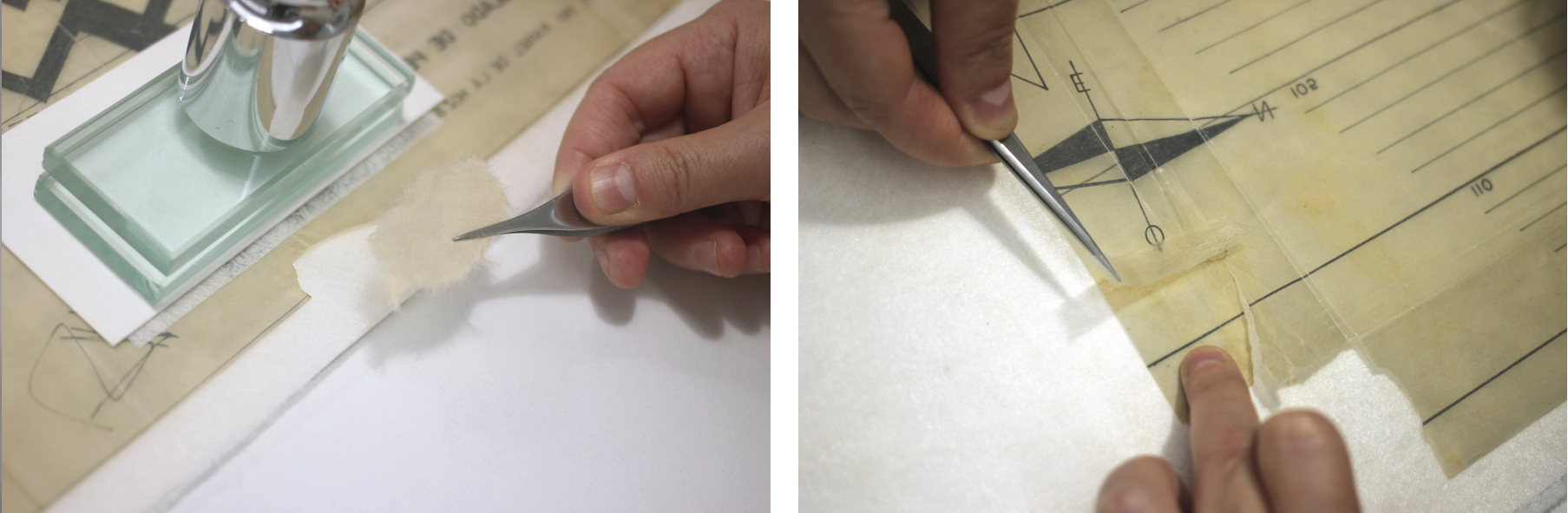 Procés de reintegració de llacunes amb paper japonès i engrut (esquerra) i consolidació d'estrips amb un paper japonès molt fi, per respectar la transparència del suport (dreta). 