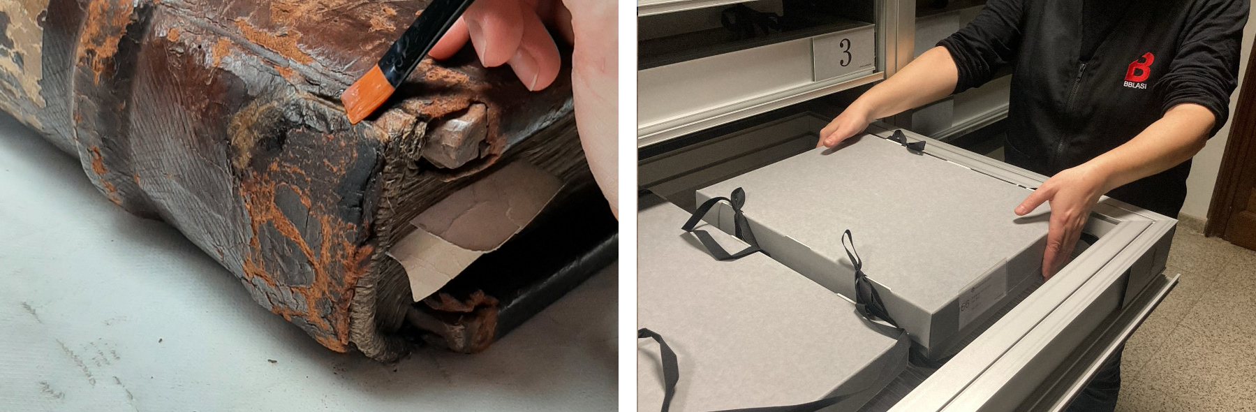 Procés de consolidació d'aixecaments i petits estrips de la pell de les cobertes (esquerra) i recol·locació al seu espai d'emmagatzematge definitiu (dreta). 