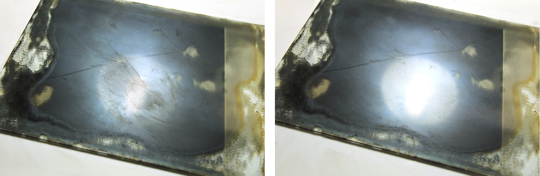 Abans i després del procés de neteja humida sobre l'emulsió. La brutícia que distorsiona la lectura de la imatge es pot retirar sense malmetre l'emulsió.