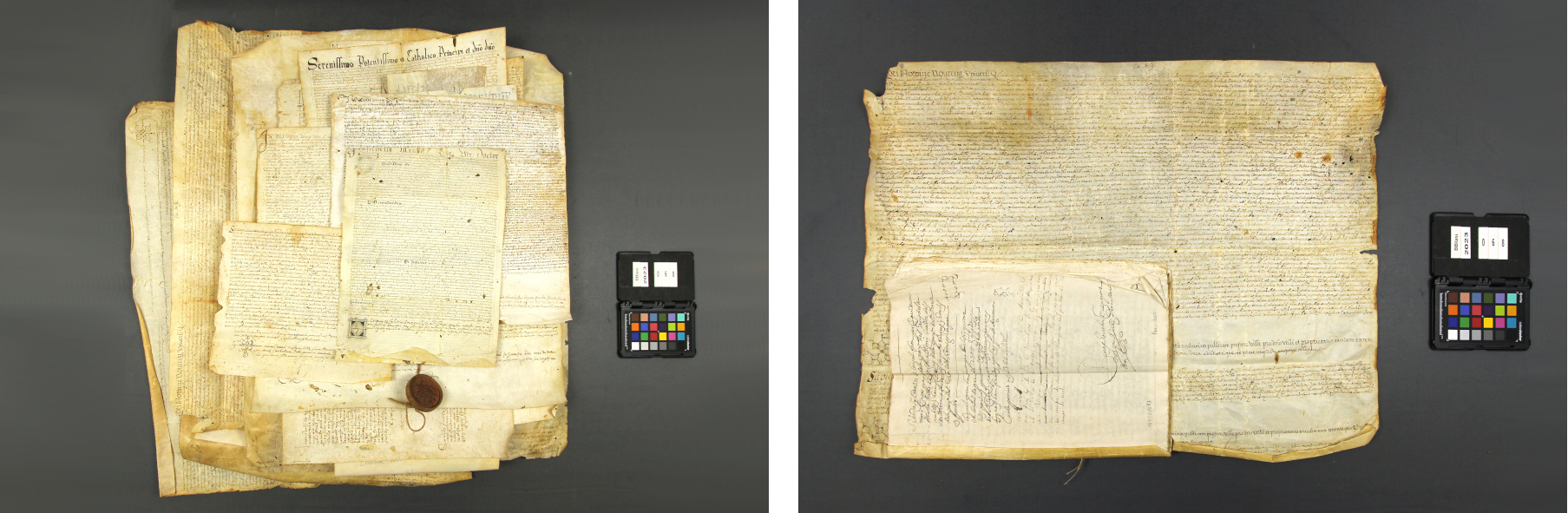 Conjunt de pergamins abans de la intervenció (esquerra). Exemple de pergamí amb quadernet de paper cosit al peu (dreta).