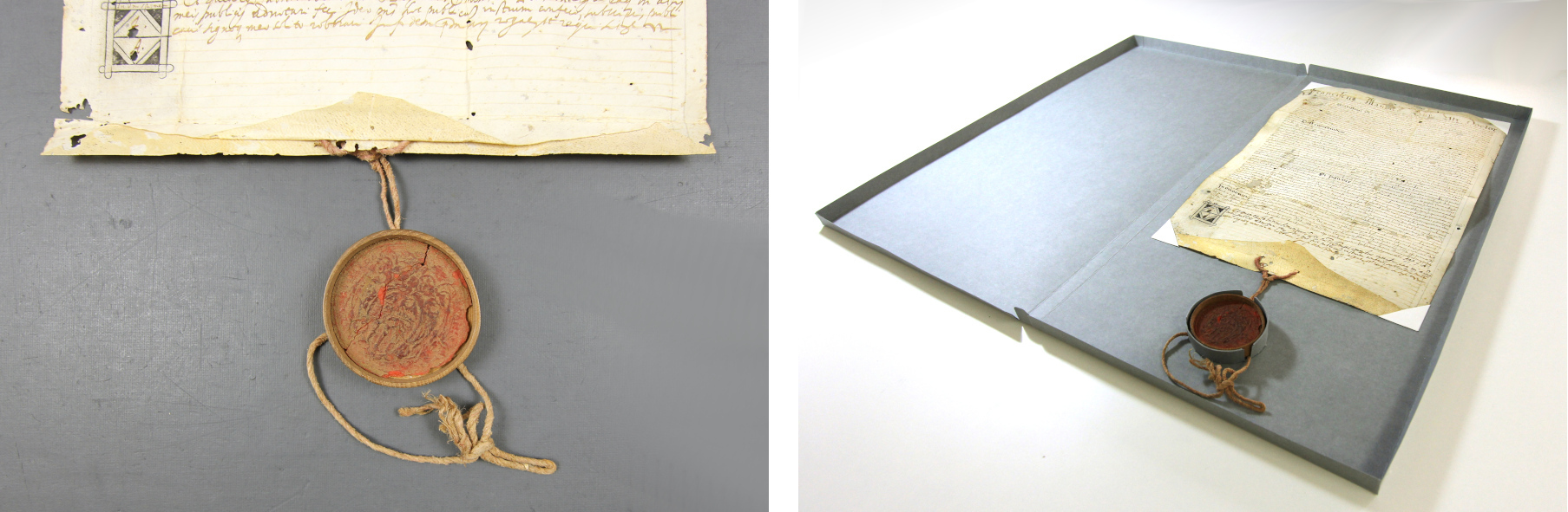 Exemple de pergamí amb segell penjant, abans de la intervenció (esquerra) i després, dins la capsa de conservació adient (dreta).