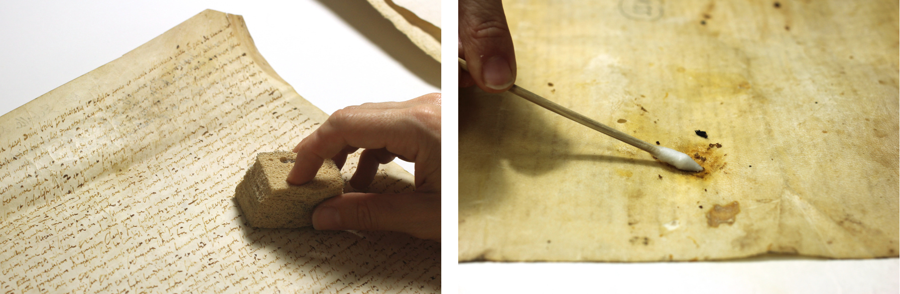 Procés de neteja mecànica en sec (esquerra) i neteja humida per acabar de retirar la brutícia més incrustada (dreta).