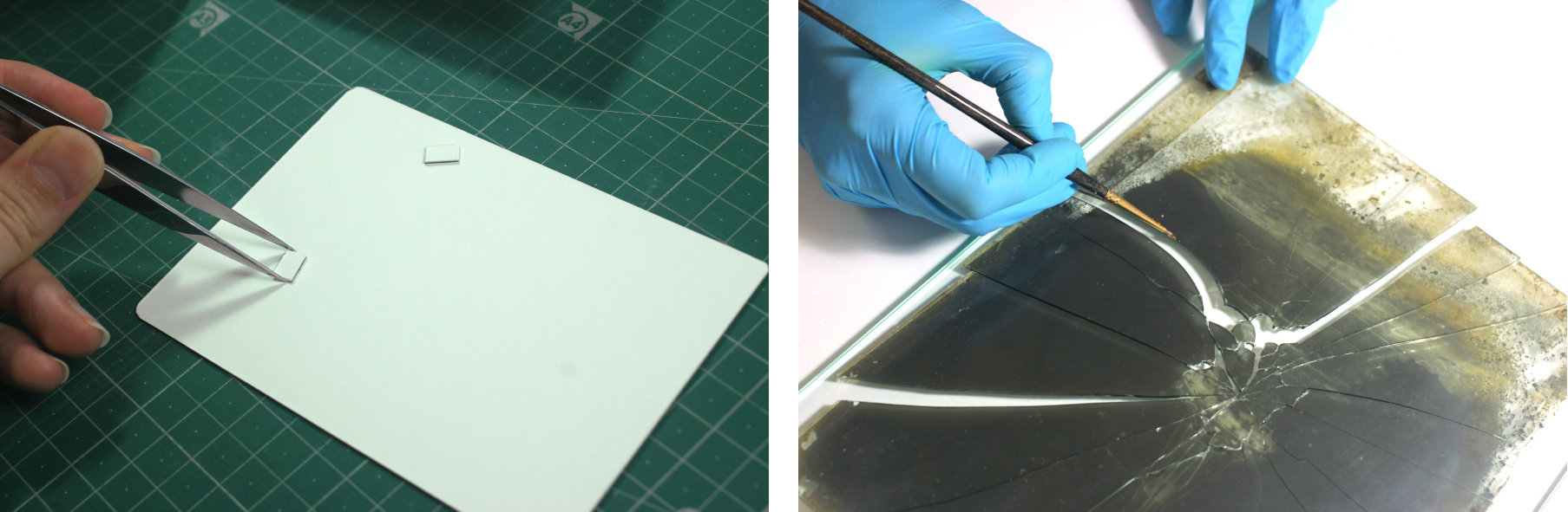 Confecció de suport secundari per a les plaques mutilades (esquerra) i procés d'encolat dels fragments en les plaques fragmentades (dreta).