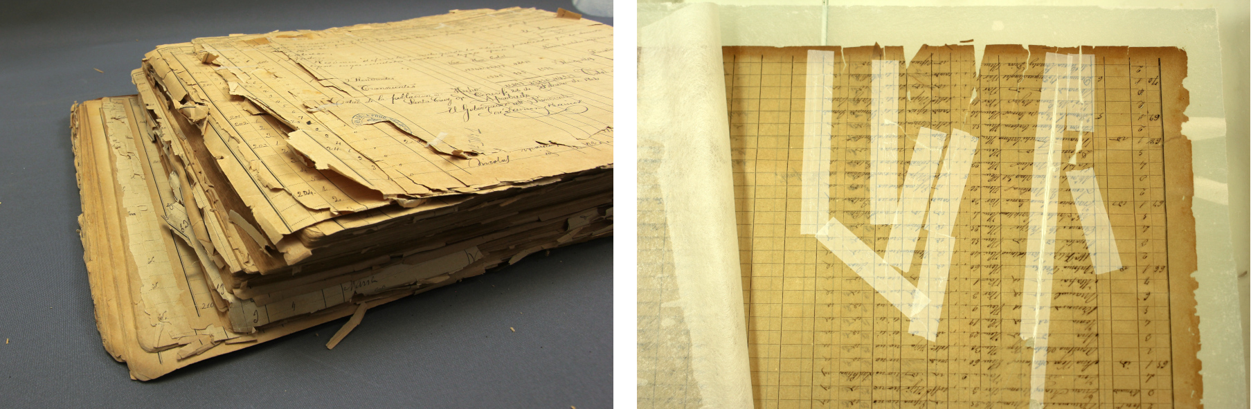 Exemplar de padró abans del tractament. Es pot veure el grau de degradació de les vores (dreta) i un dels exemples amb més cintes autoadhesives, que en aquest cas es van poder treure durant la immersió (esquerra).