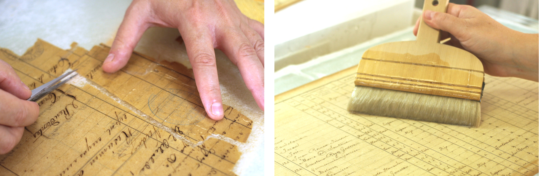 Procés de neteja humida per immersió, on s'aprofita per col·locar a lloc fragments solts (esquerra). Procés de laminació i/o reaprest (dreta).