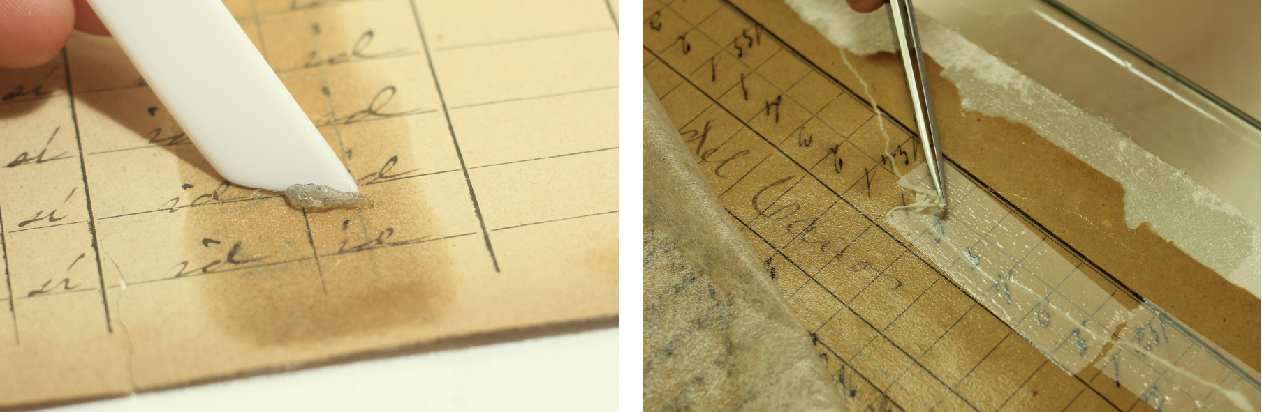 Procés d'eliminació de cintes autoadhesives. A l'esquerra, s'eliminen les restes d'adhesiu prèviament estovades amb dissolvent. A la dreta, algunes cintes es retiren durant la immersió, ja que l'adhesiu és soluble en aigua.