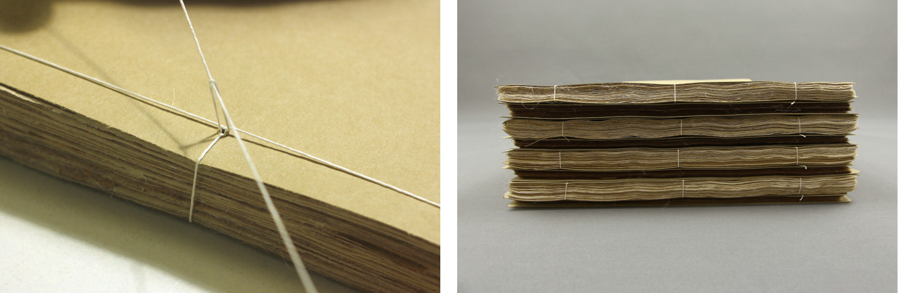 Procés de cosit (esquerra), i estat final del bloc, separat per fascicles i cosit a toro passat.