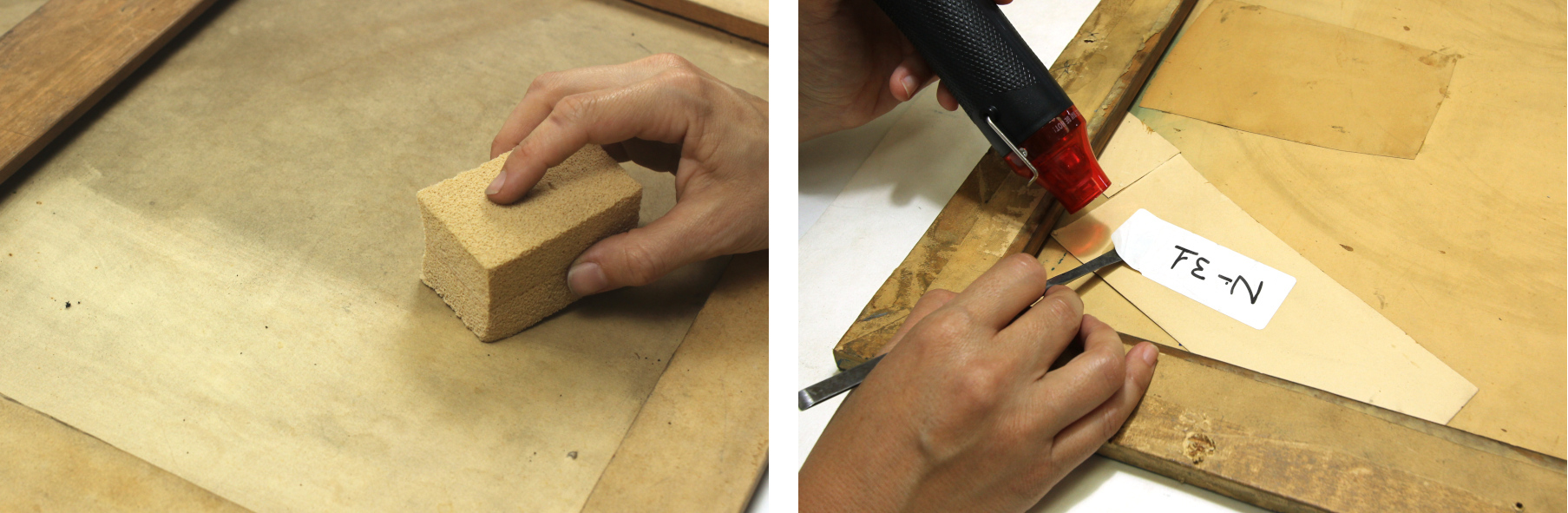 Procés de neteja mecànica en sec (esquerra) i procés d'eliminació d'etiquetes modernes (dreta).